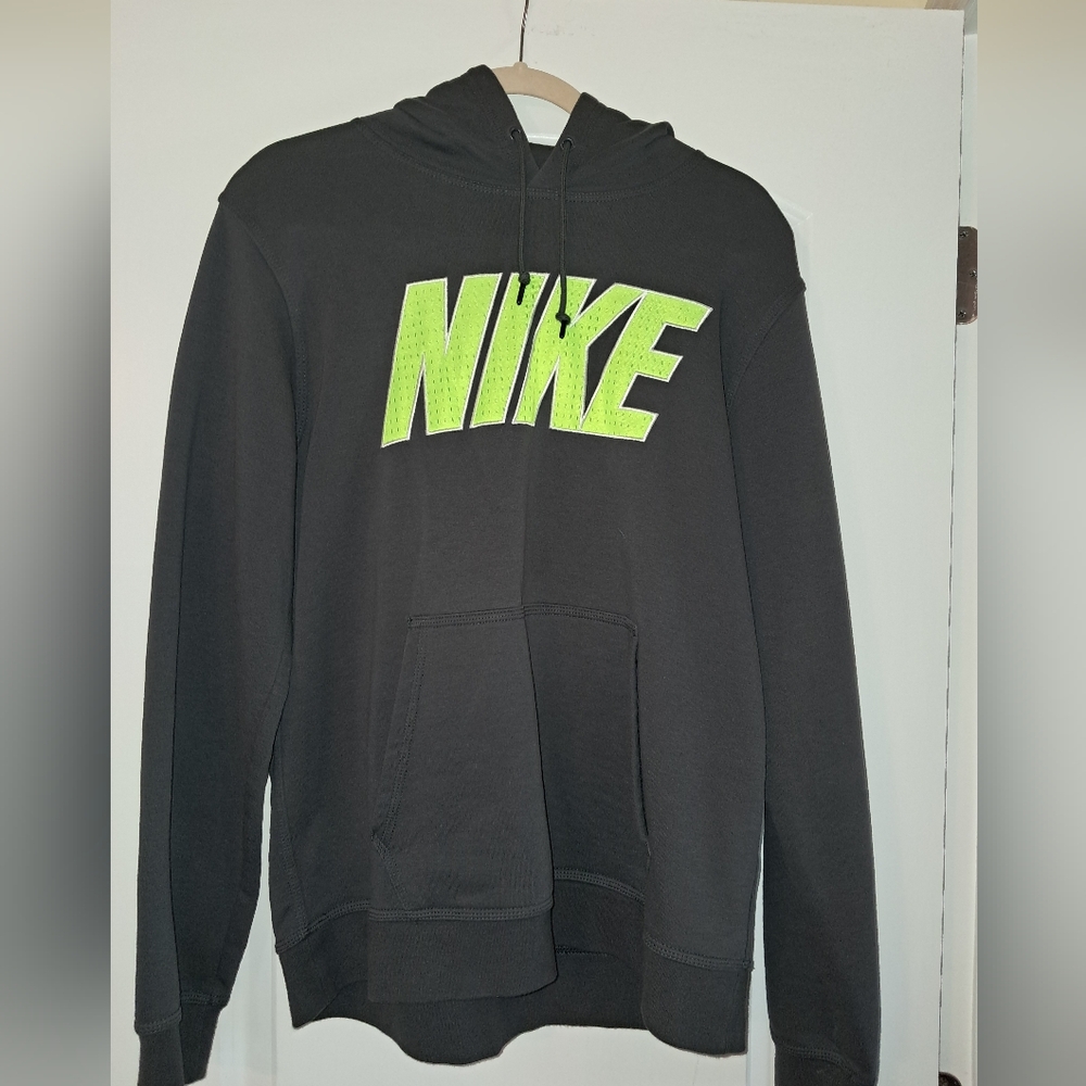 Nike Men's Black Hoodie with Neon Green Logo